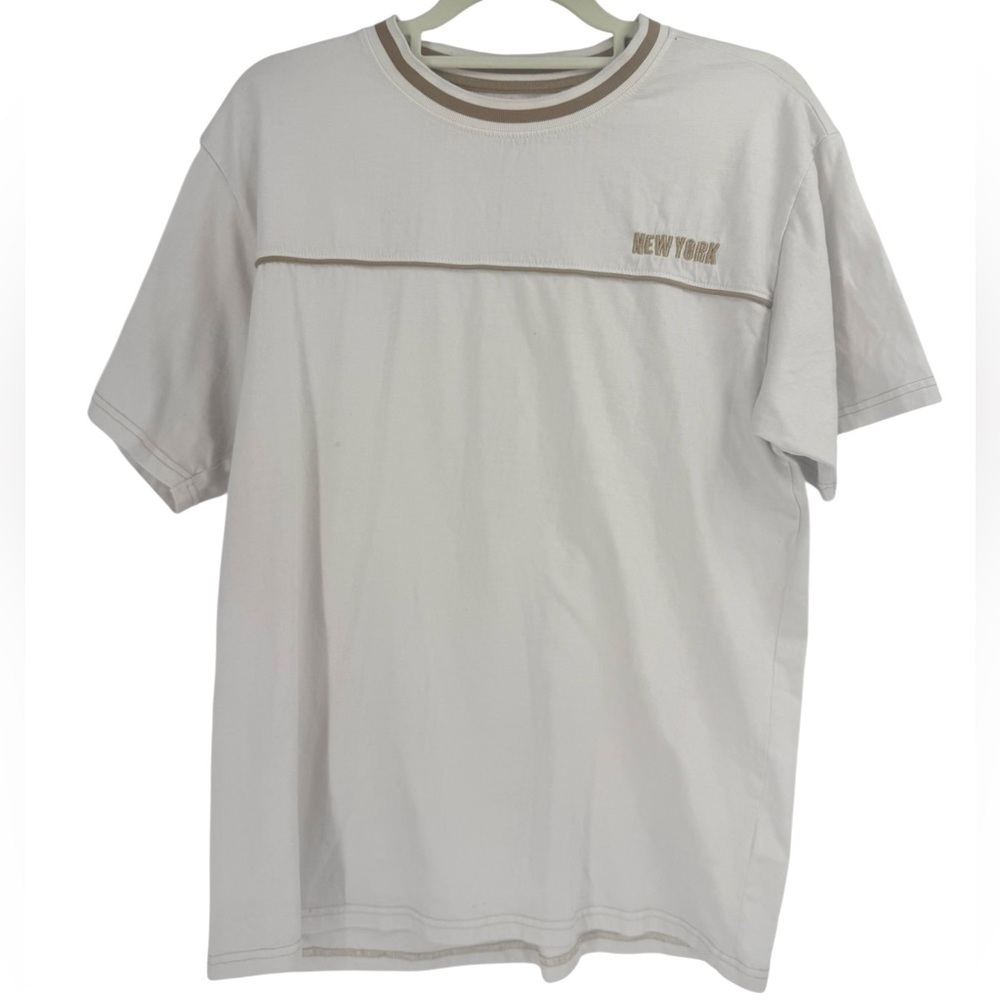 Sovereign State New York Embroidered Graphic T-Shirt Cream Beige Minimalist, L